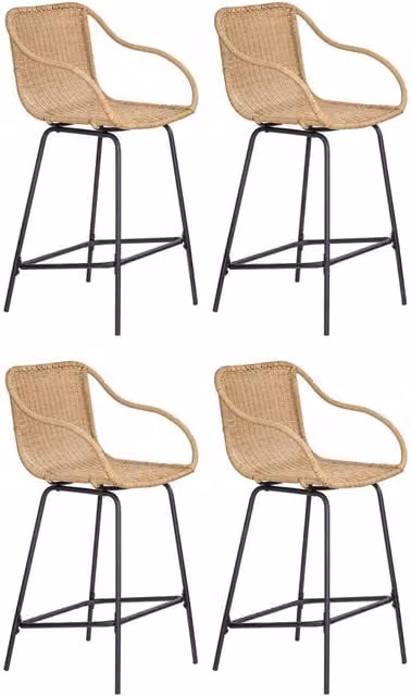 Conjunto de isla y sillas de bar Moorea con estructura de metal y asiento de ratán en negro y beige