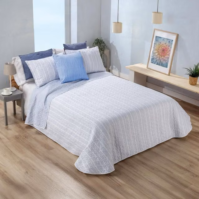 Colcha bouti reversible Manterol con estampado de rayas en azul para cama de 140 cm
