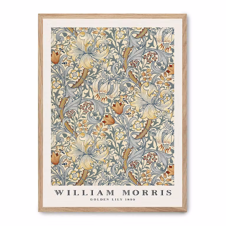 Póster floral de estilo Art Nouveau de Poster Lab en colores oro y multicolor con marco de madera de 50 cm