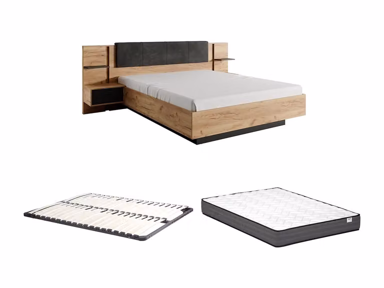 Conjunto de cama con mesitas de noche y colchón ELYNIA con iluminación LED, color beige y antracita, An/P/Al: 160 x 200 x 210 cm