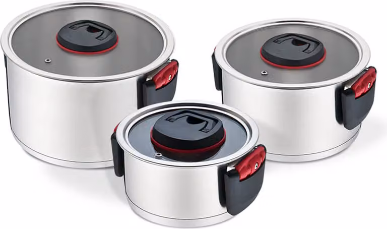 Conjunto de cocina Maestro de 6 piezas con ollas y sartenes de acero inoxidable y tapa de cristal en color plata, modelo MR35306