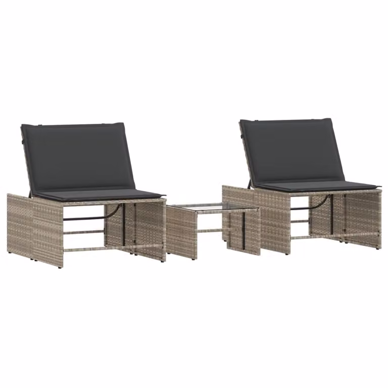 Set de 2 tumbonas Syfax con mesa de ratán sintético gris y reposacabezas ajustable para jardín o terraza