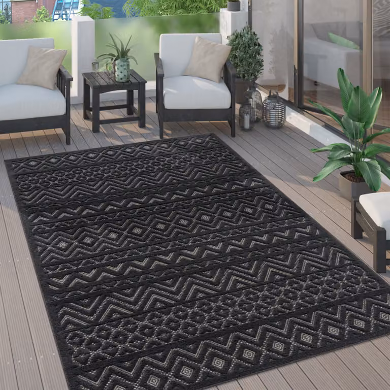 Alfombra de exterior Paco Home con diseño bohemio y geométrico, resistente a la intemperie, color antracita, Diámetro: 200 cm