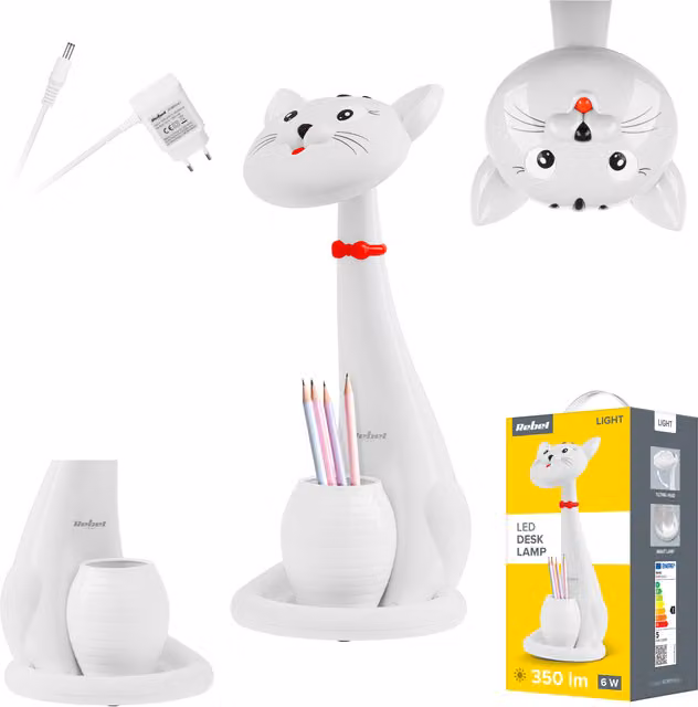 Lámpara de mesa LED infantil Rebel con forma de gato, colores ajustables y portalápices, blanca y multicolor