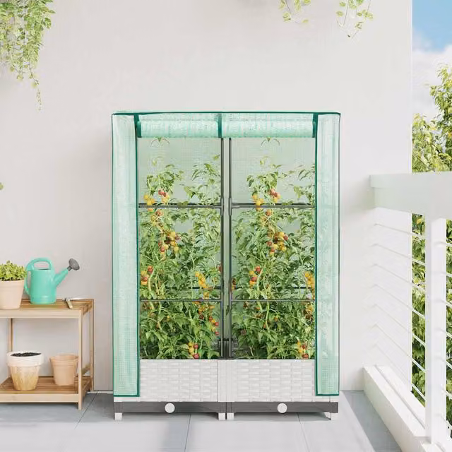 Arriate elevado con cubierta de invernadero SYFAX con aspecto de ratán en blanco y verde, An/P/Al: 80 x 40 x 123 cm