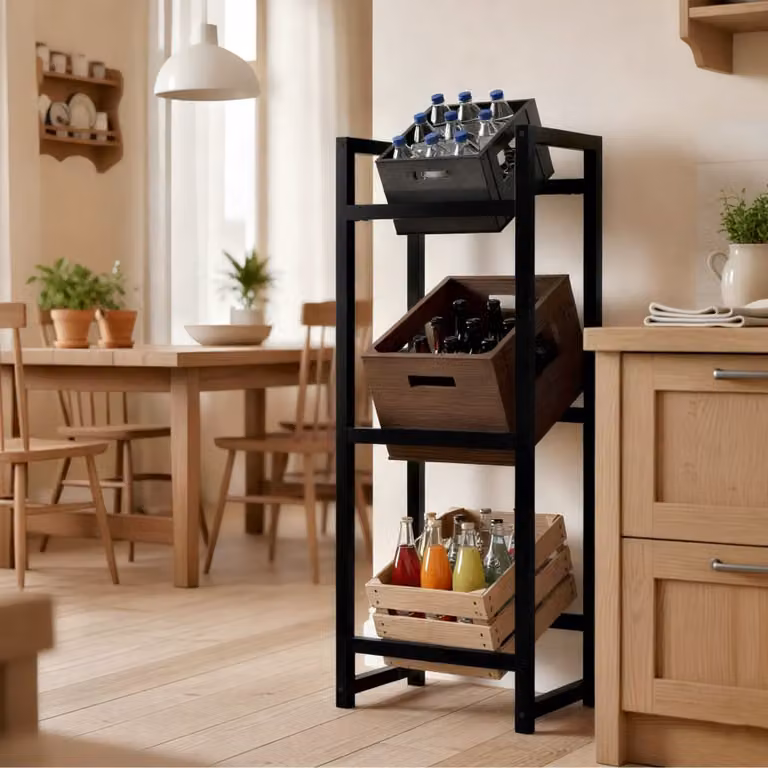 Estantería de metal negra para cajas de bebidas de estilo moderno y diseño independiente