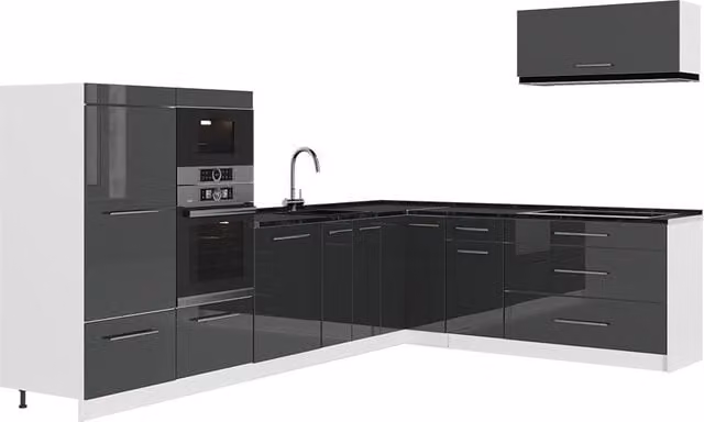 Cocina esquinera Vicco Fame-Line en color antracita alto brillo y blanco, An/P/Al: 327 x 227 cm
