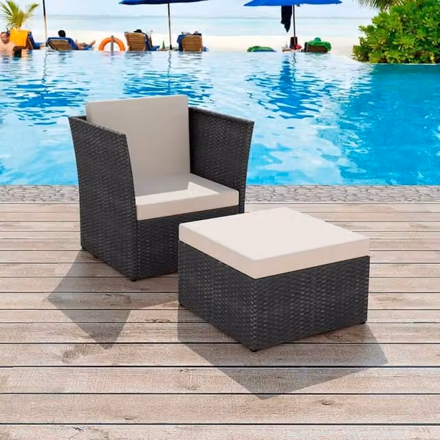 Silla de jardín con taburete SYFAX en ratán y metal color negro