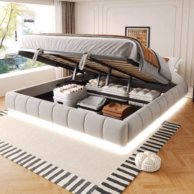 Cama Tapizada KELLANY de 180 x 200 cm en color Beige con Somier Hidráulico y Tira de Luz LED bajo la cama