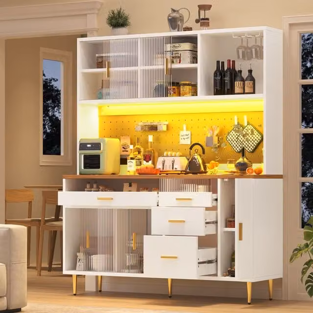 Armario alto MODENVIE para cocina, salón o comedor con puertas correderas de vidrio, iluminación LED, estantes internos y portabotellas, blanco, An/P/Al: 145 x 39 x 171 cm