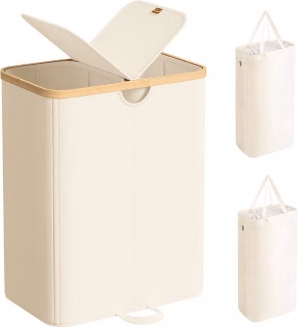 Cesto para ropa sucia SONGMICS de 2 compartimentos con tapa y bolsas extraíbles, 150 l, blanco y beige