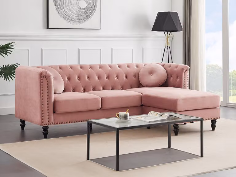Sofá rinconera reversible de terciopelo estilo Chesterfield de Vente-Unique en rojo o rosa con cojines incluidos y fundas extraíbles An/P/Al: 222 x 144 x 78 cm