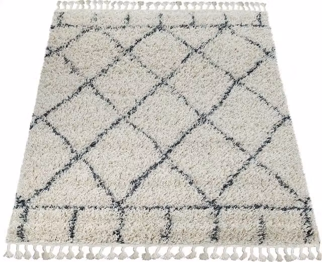 Alfombra de pelo largo Nadori estilo boho marroquí color beige con flecos An/P: 80 x 150 cm