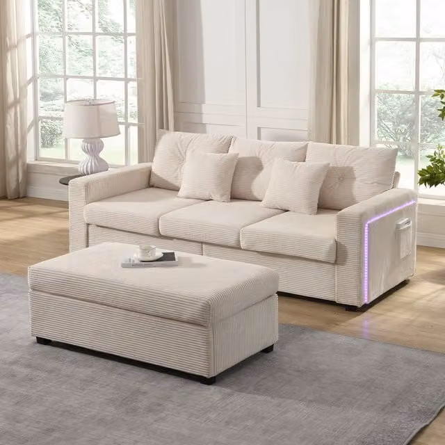 Sofá Modular de 3 Plazas con Otomana Extraíble y Luz LED Kellany en Beige con Tejido de Pana y 5 Cojines