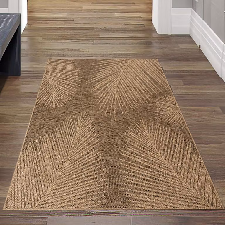 Alfombra de pasillo Teppich-Traum para interior y exterior con diseño de hojas en beige y marrón, An/P: 60 x 180 cm