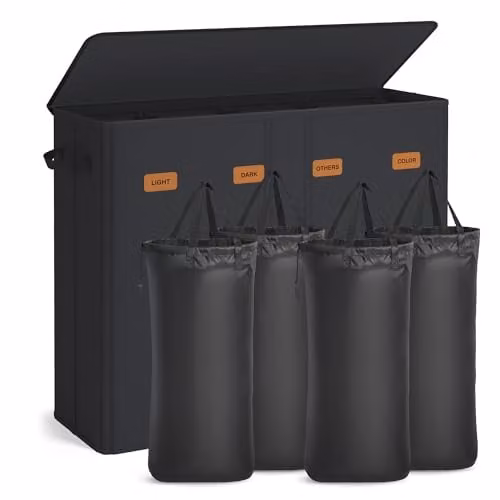 Cesto de ropa sucia SONGMICS con 4 compartimentos, 210 l, tapa y bolsas extraíbles lavables, negro