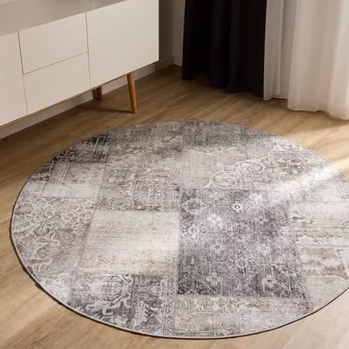 Alfombra redonda Benuta Basic George de estilo vintage y diseño abstracto en color gris, lavable y fabricada en fibra sintética, Diámetro: 160 cm