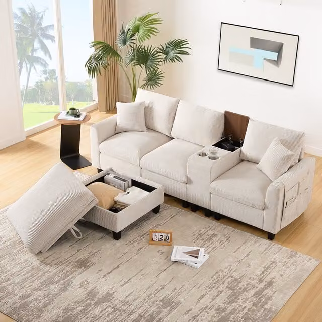 Sofá Esquinero Moderno en Forma de L KELLANY con Consola de Cine en Casa, Carga USB, Portavasos y Cojines, Tapizado en Tela de Pana Beige y Blanco