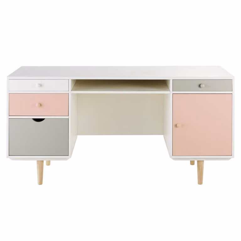 Escritorio infantil Maisons du Monde en blanco, rosa y gris con 4 cajones y 1 puerta