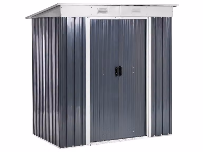 Cobertizo de jardín Beliani de acero galvanizado con diseño moderno y puertas correderas, color gris, An/P/Al: 174 x 110 cm