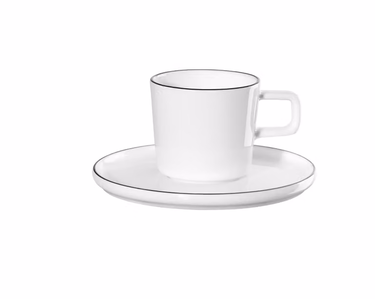 Taza de espresso con platillo ASA línea Ocoligne en Fine Bone China, color blanco con detalles negros, capacidad 0,08 l, Diámetro: 5,8 cm, Altura: 5,8 cm