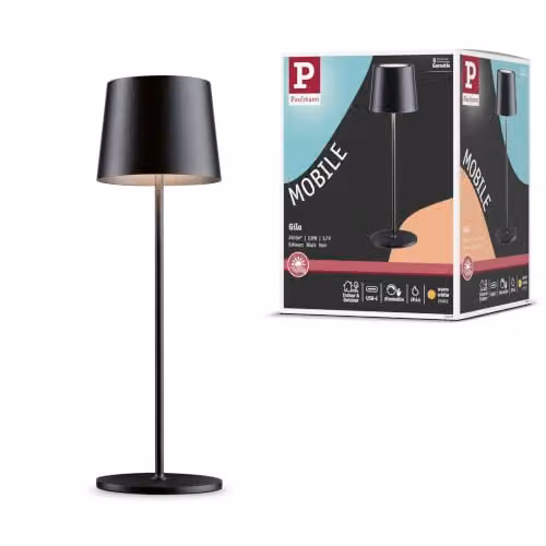 Luminaria de sobremesa LED Gilo Paulmann, recargable y regulable, IP44, negro mate