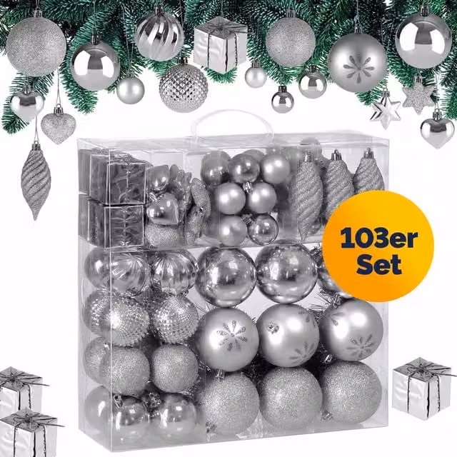 Set de 103 bolas de Navidad NORTHIX de color plata para interior y exterior con formas de corazones, estrellas y diseños geométricos