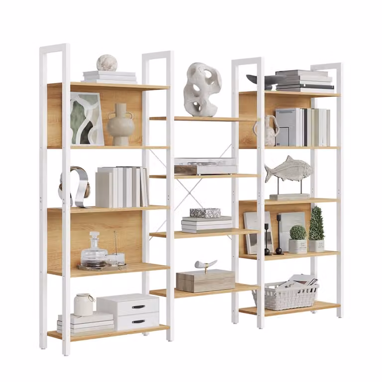 Librería VASAGLE de estilo industrial con 14 estantes en roble y blanco mate, An/P/Al: 158 x 24 x 166 cm
