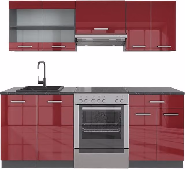 Mueble de cocina Vicco R-Line en rojo brillo y antracita de 200 cm sin encimera