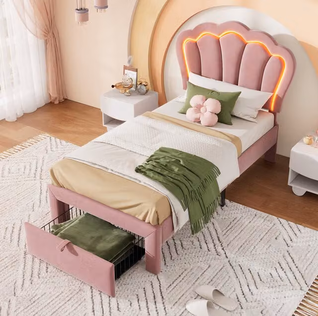 Cama Juvenil Mivray Tapizada en Terciopelo Rosa con Iluminación LED y Cajón de Almacenamiento, An/P/Al: 90 x 190 cm