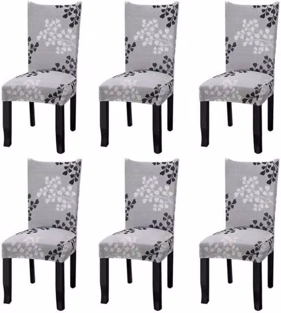 Juego de 6 fundas elásticas universales ODIPIE para sillas de comedor con diseño floral de hojas en color gris
