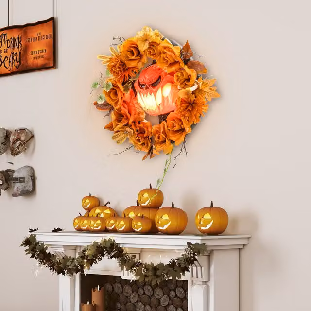 Corona de Halloween Outsunny con diseño de calabaza, hojas de otoño y efectos de luz en color naranja de plástico para colgar