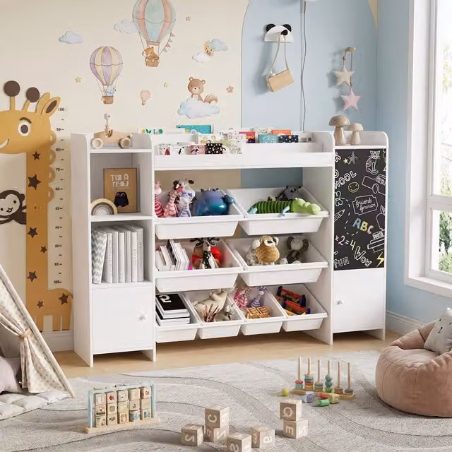 Librería Infantil Montessori SOLKVUNZA en Blanco con 8 Cajones y Pizarra, An/P/Al: 137 x 30 x 94,5 cm