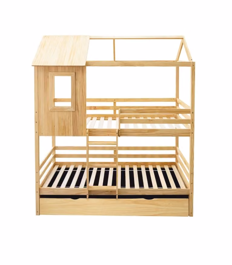 Litera con cama elevable Muemue de madera de pino en color beige o marrón, An/P/Al: 90 x 190 x 201 cm