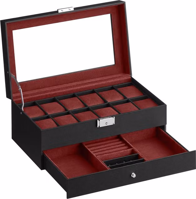Estuche de relojes SONGMICS para 12 relojes con tapa de cristal, cuero sintético negro y forro rojo, An/P/Al: 32.5 x 18.5 x 13.5 cm