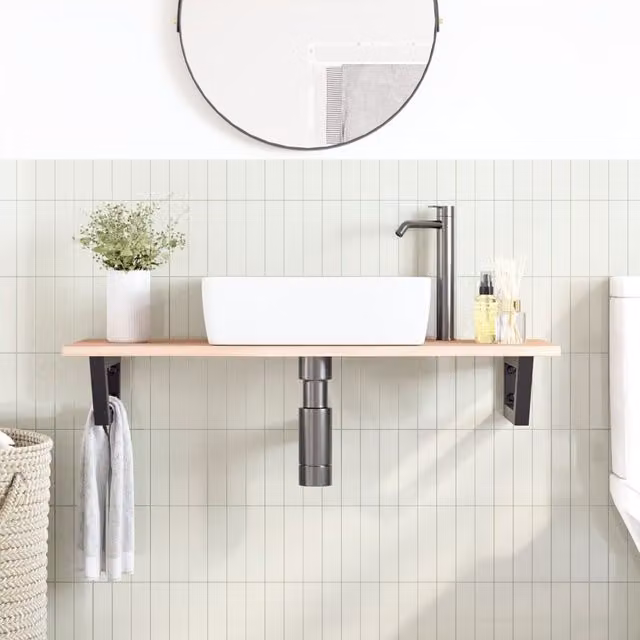 Estante de lavabo de pared SYFAX de madera de roble y metal en color marrón y negro