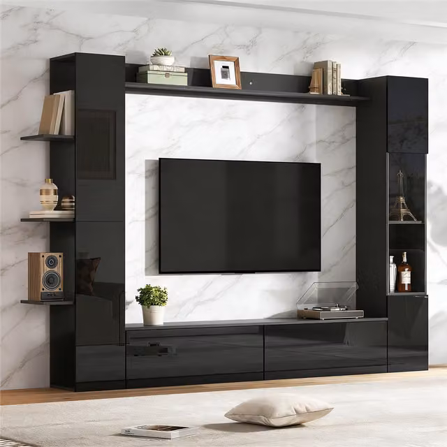 Conjunto de muebles de salón OKWISH en negro con estantes abiertos y puertas de acrílico, An/P/Al: 245 x 30 x 170 cm