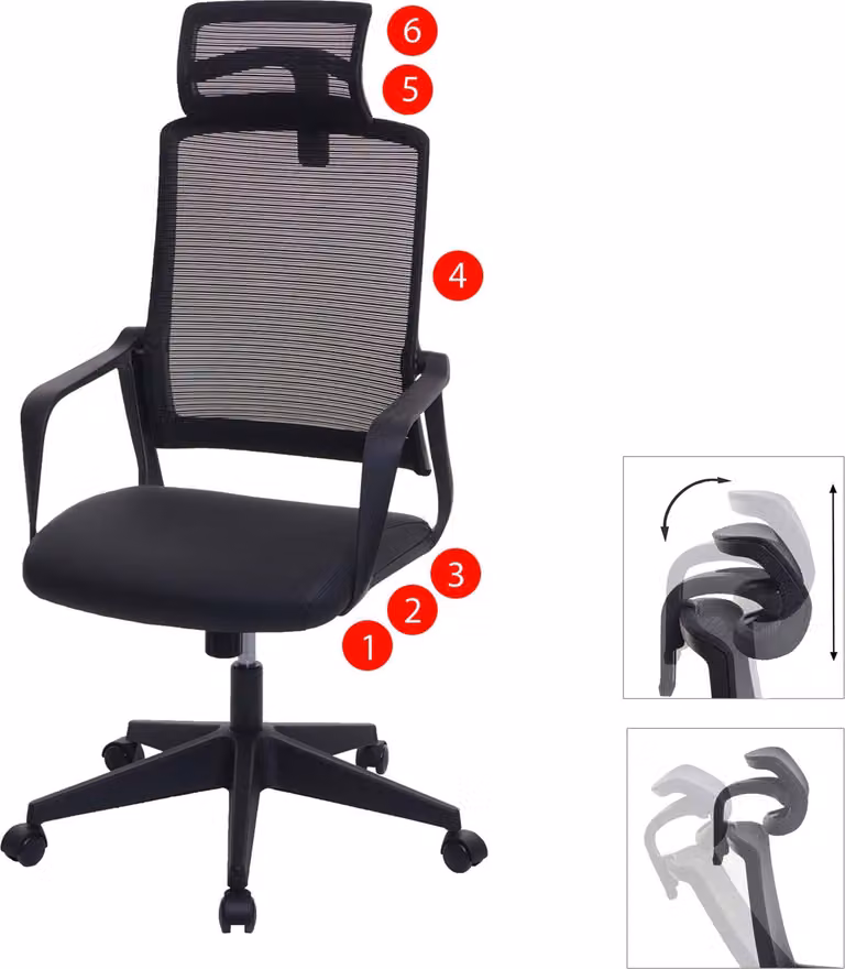 Silla de oficina ergonómica Mendler con reposacabezas, giratoria 360 grados y tapizado en cuero sintético, color negro, An/P/Al: 64 x 44 x 120 cm