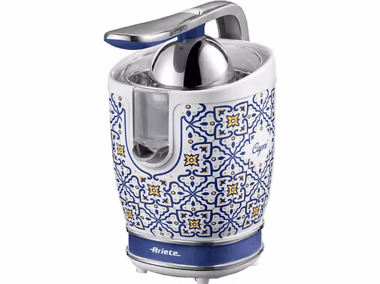 Exprimidor de cítricos Ariete Capri de 85 W con boquilla de acero inoxidable antigoteo y dos conos, 0,6 l, Azul/Blanco