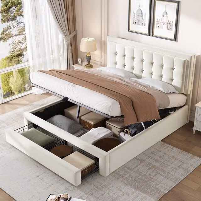 Cama de almacenamiento REDOM con somier de elevación hidráulica, cabecero y 2 cajones, tapizada en terciopelo beige, An/P/Al: 140 x 200 cm