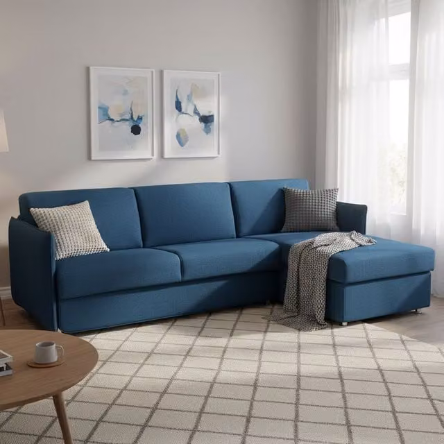 Sofá cama con chaise longue DMORA en azul, diseño moderno con fundas desenfundables y función de cama, An/P/Al: 260 x 160 x 45 cm