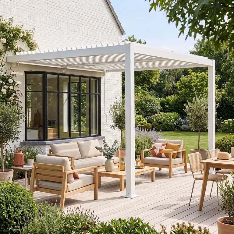 Pérgola bioclimática adosada Sweeek de aluminio con lamas orientables, Blanco, 302 x 302 x 233 cm
