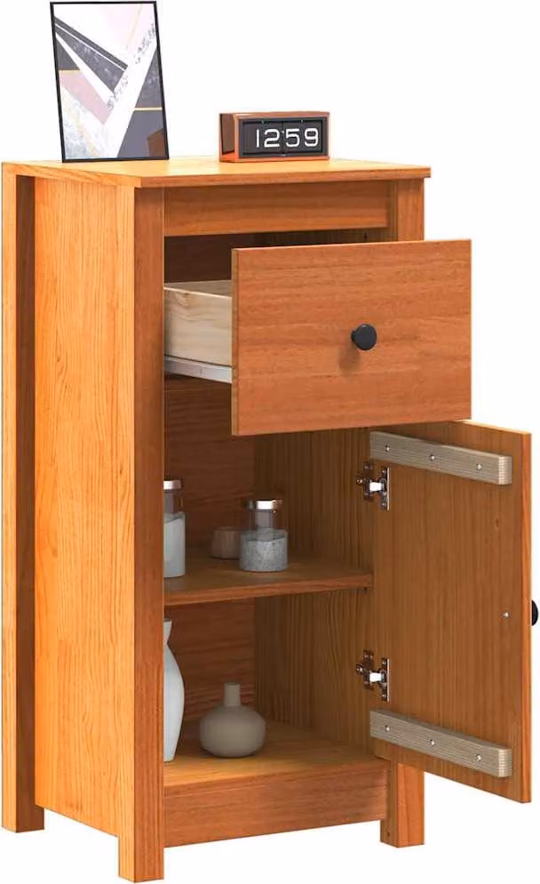 Juego de 2 vitrinas Syfax de madera de pino en color marrón cera con puertas batientes, estantes y cajones internos, An/P/Al: 39 x 34,5 x 80 cm