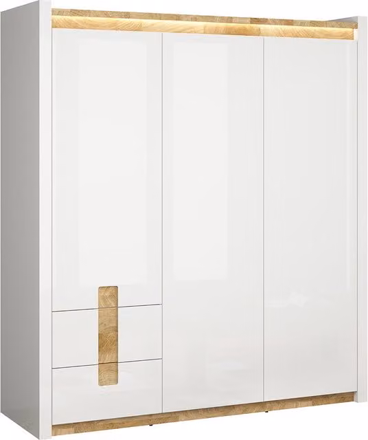 Armario Helios de 3 puertas con iluminación LED en blanco lacado y madera, An/P/Al: 180 x 60 x 202 cm
