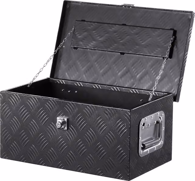 Caja de herramientas de aluminio Vevor resistente para camioneta y remolque, impermeable, con diseño a rayas, asa lateral y llaves de seguridad, color negro, An/P/Al: 50,8 x 30,48 x 24,13 cm
