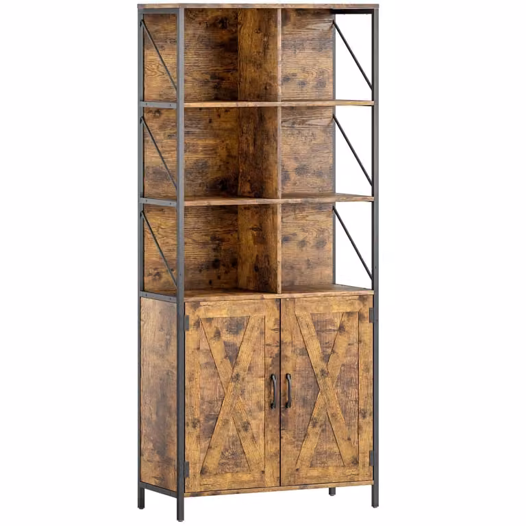 Librería Homcom de estilo industrial en madera y metal, color marrón y negro, con puertas de cierre suave y estantes internos, An/P/Al: 75 x 34 x 172 cm