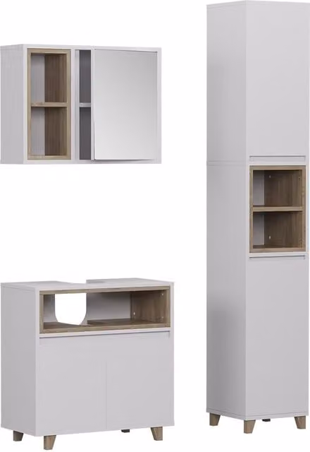 Conjunto de mueble de baño Vicco con lavabo, espejo y armario alto en blanco y marrón, diseño moderno, An/P/Al: 60 x 30 x 170 cm