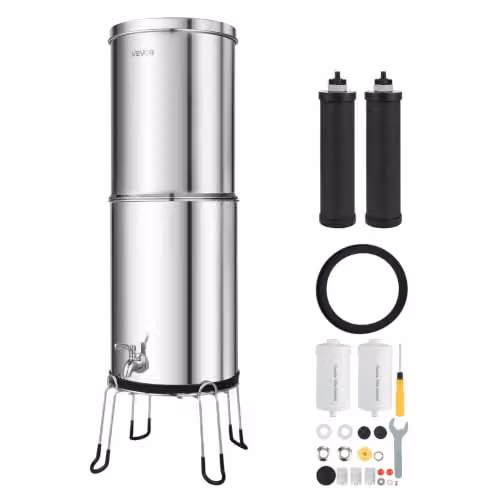 Sistema de filtración de agua por gravedad VEVOR de 12,3 l en acero inoxidable color plata con 4 filtros para encimera o acampada