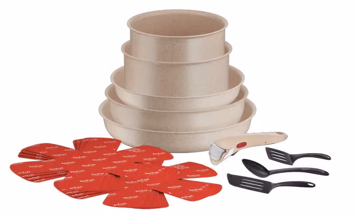 Set de cocina Tefal Ingenio Delight On de 17 piezas en color beige con mango extraíble, revestimiento antiadherente y compatible con inducción