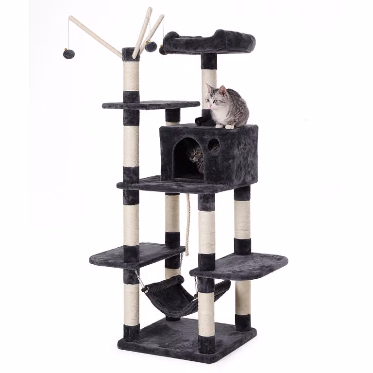 Árbol para gatos Feandrea con cueva, hamaca y juguetes integrados, color gris antracita, Altura: 154 cm